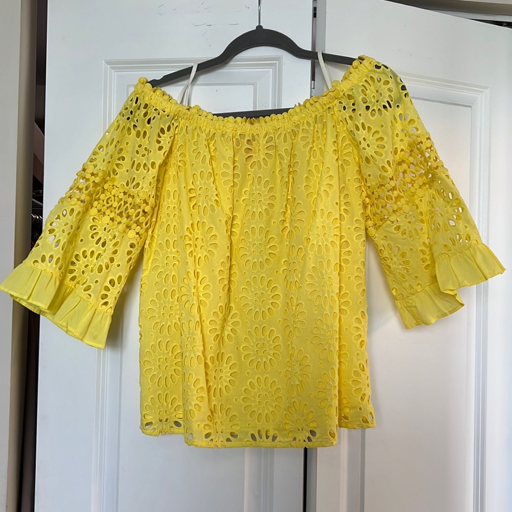 Lilly Pulitzer yellow eyelit off the shoulder top
